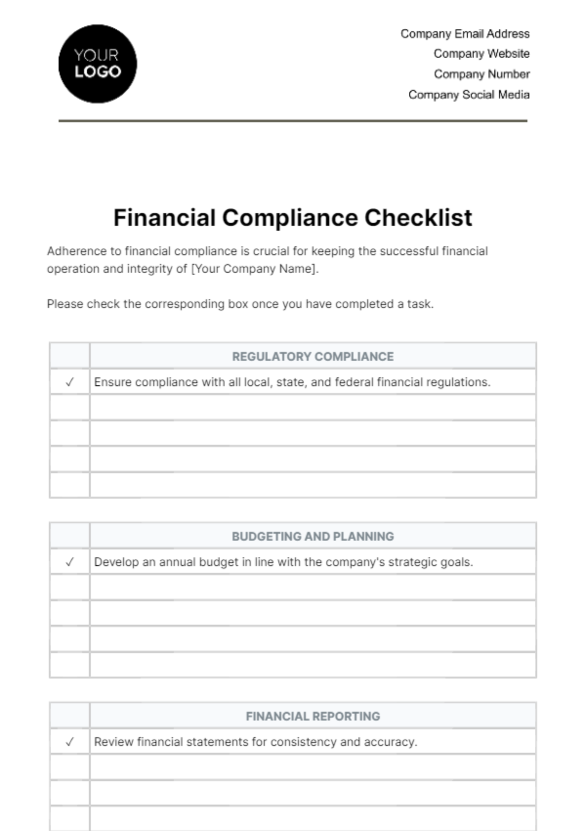Free Financial Compliance Checklist Template