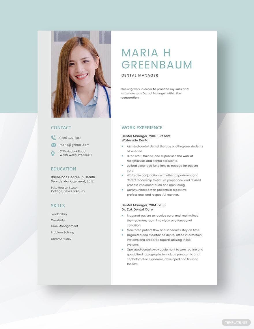 Dental Manager Resume in Word, Apple Pages