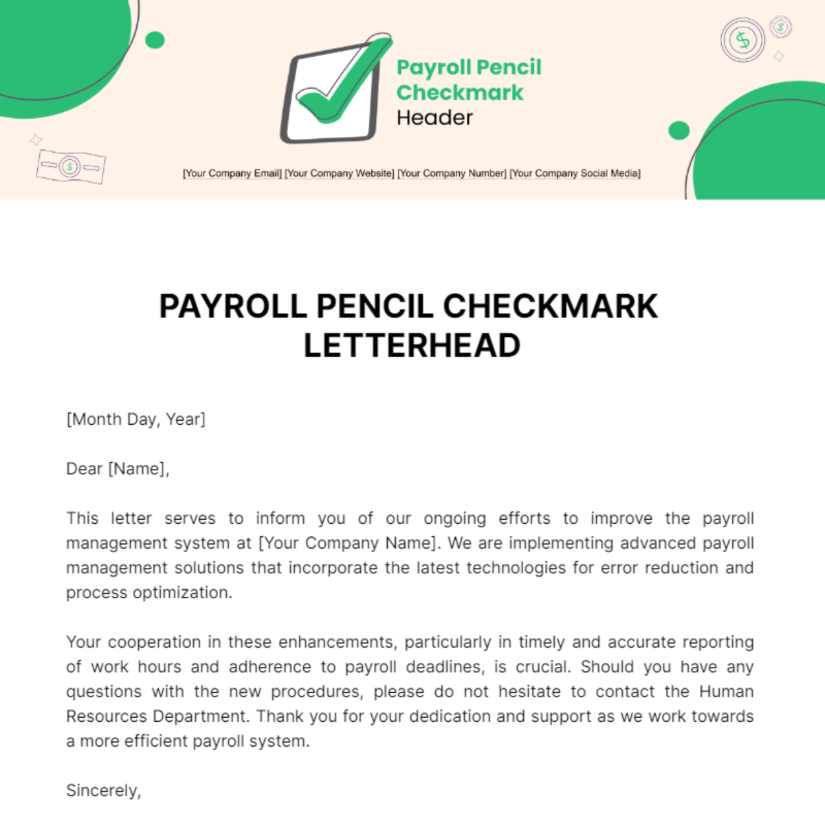 Free Payroll Pencil Checkmark Letterhead Template