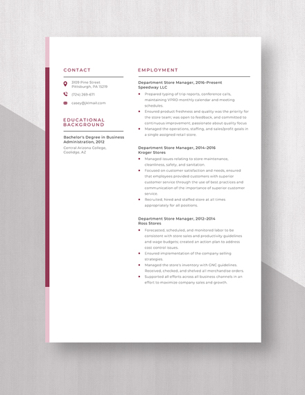 Department Store Manager Resume Template