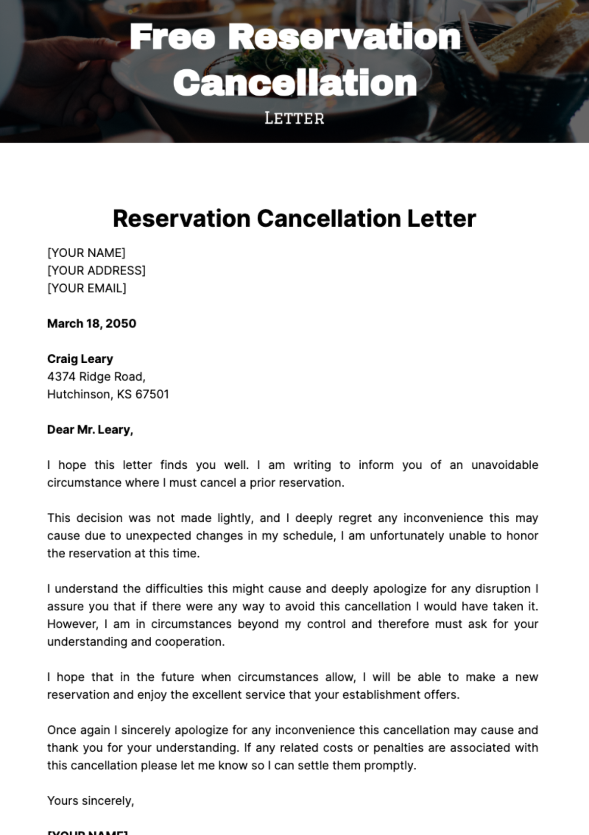 Free Reservation Cancellation Letter Template