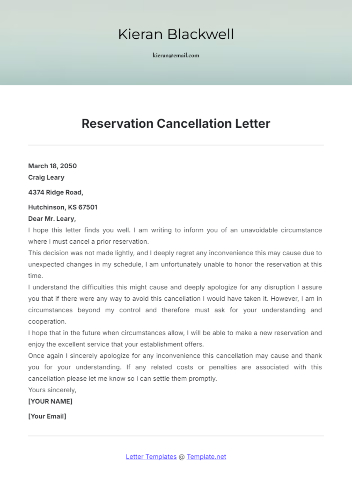 Reservation Cancellation Letter Template - Edit Online & Download