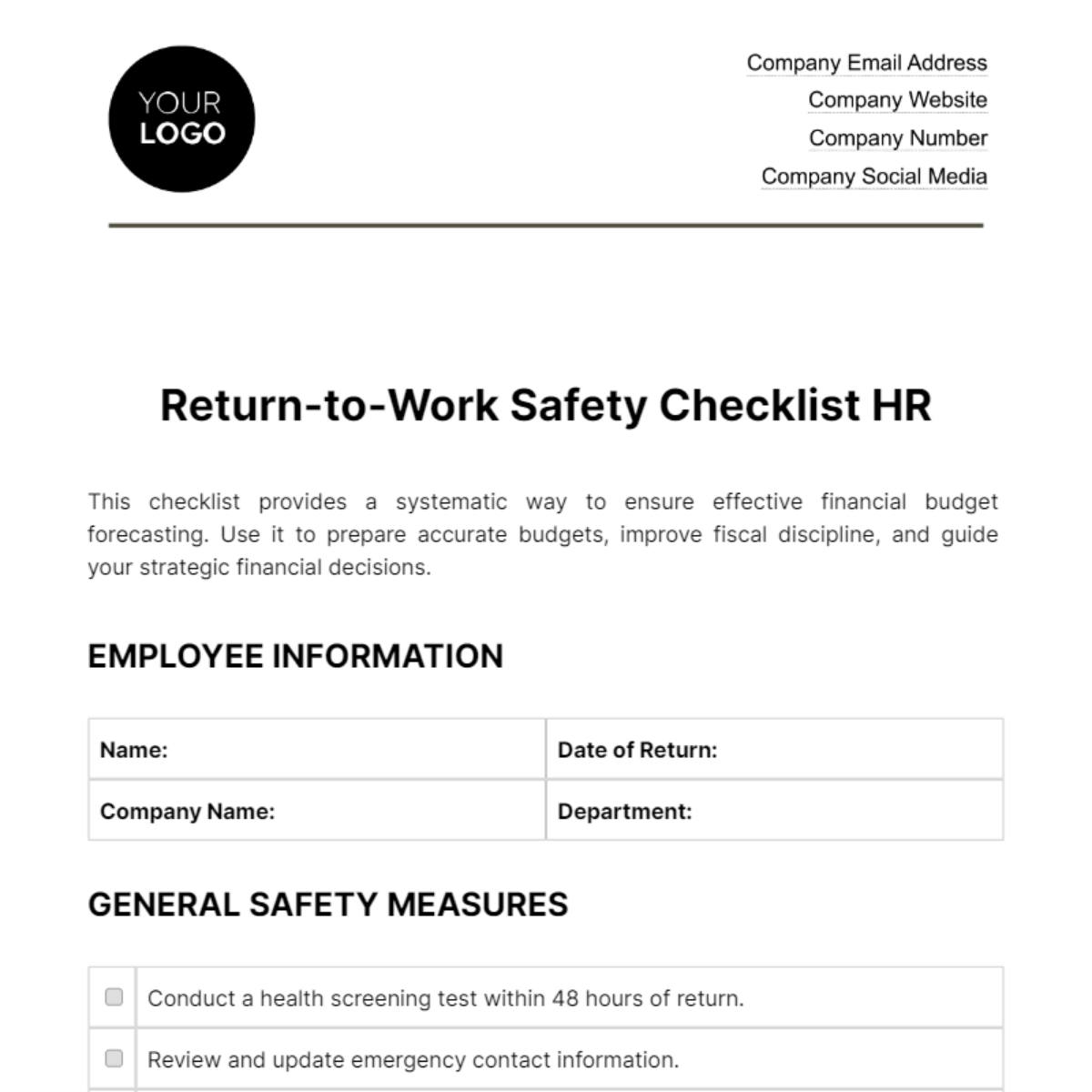 Return-to-Work Safety Checklist HR Template