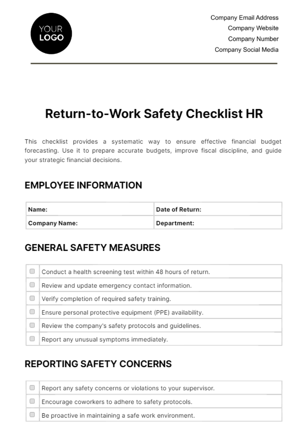Free Return-to-Work Safety Checklist HR Template