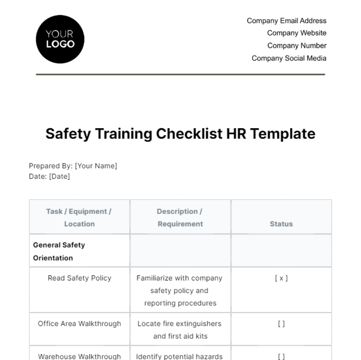 Free Safety Training Checklist HR Template