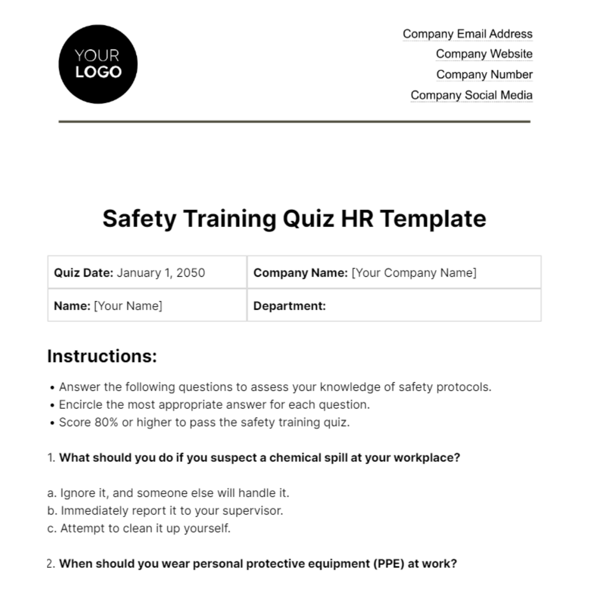 Safety Training Quiz HR Template