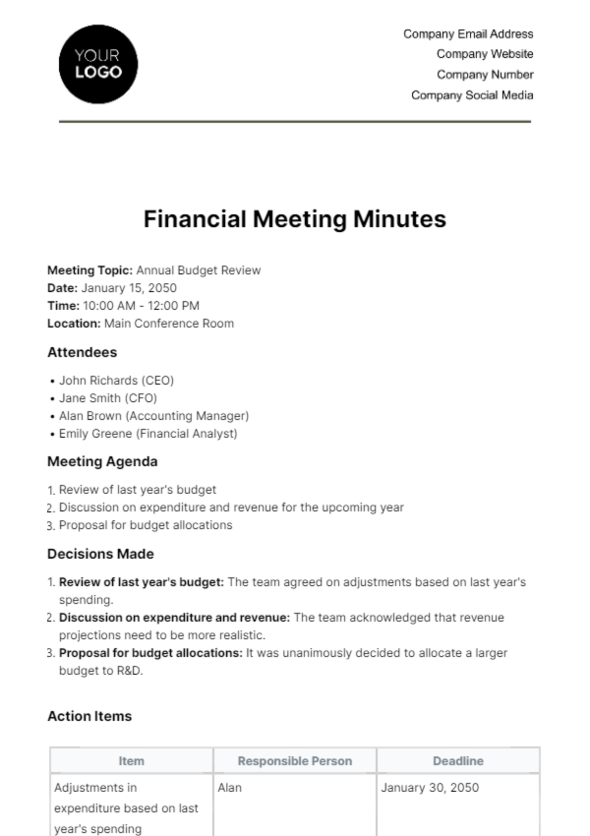 Free Financial Meeting Minute Template