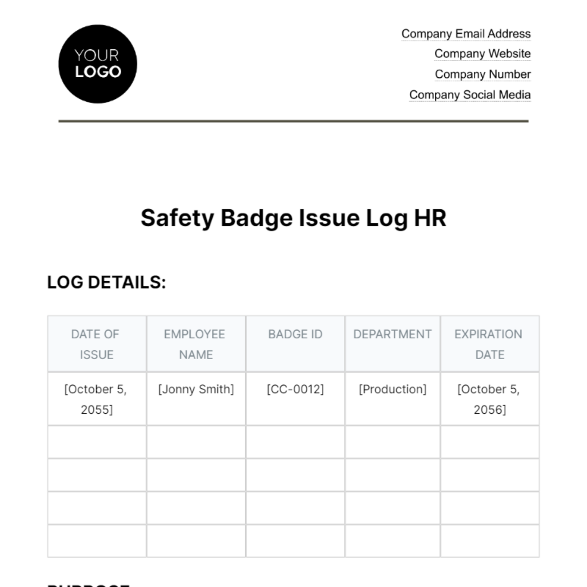 Free Safety Badge Issue Log HR Template