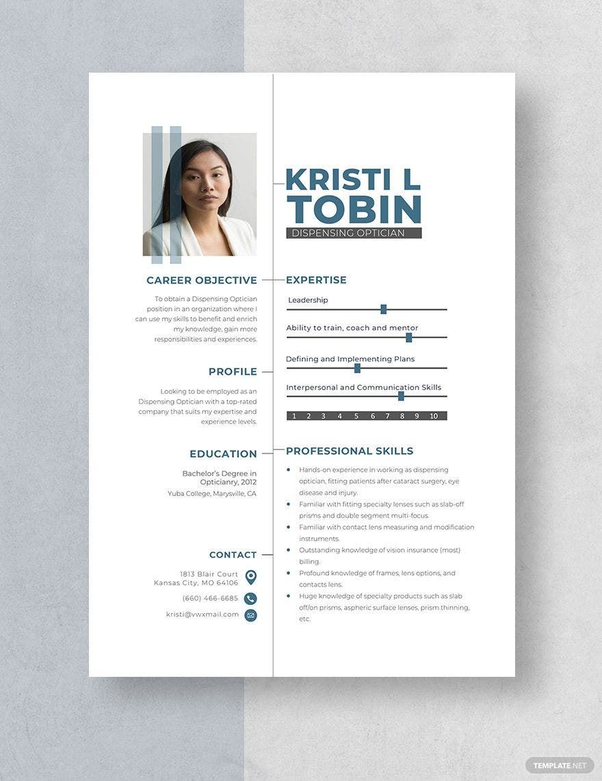 Dispensing Optician Resume in Word, Apple Pages
