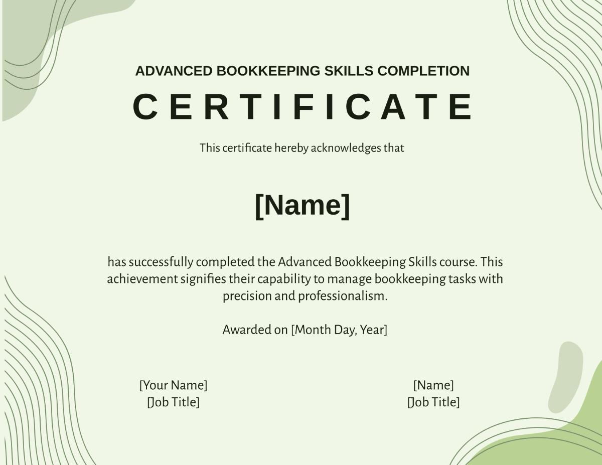 Advanced Bookkeeping Skills Completion Certificate Template