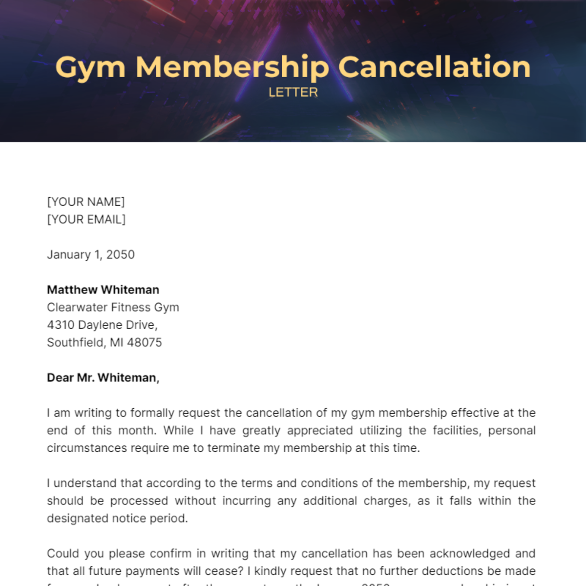 Gym Membership Cancellation Letter Template