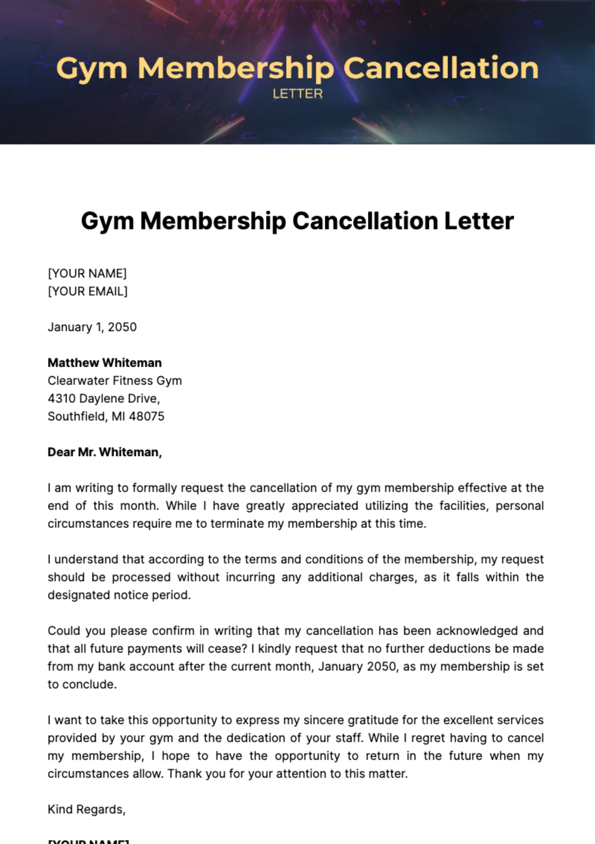 Free Gym Membership Cancellation Letter Template