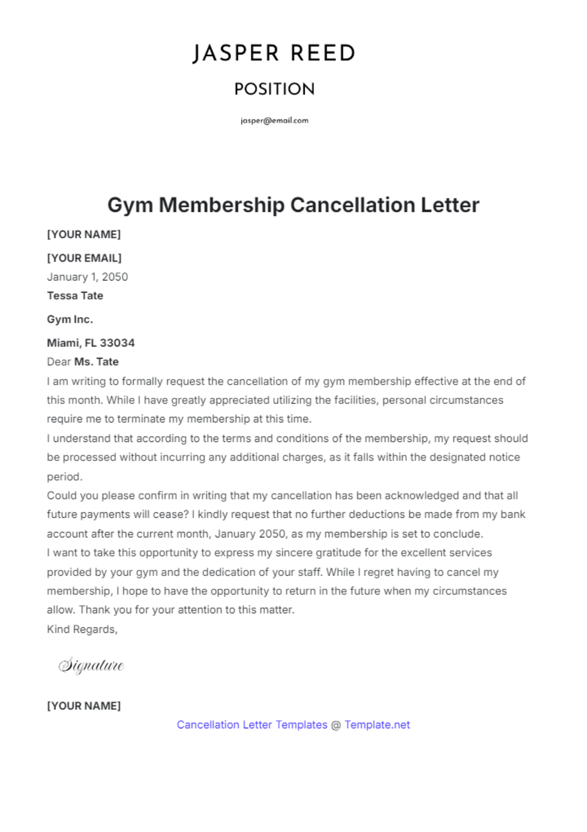 Free Gym Membership Cancellation Letter Template - Edit Online ...