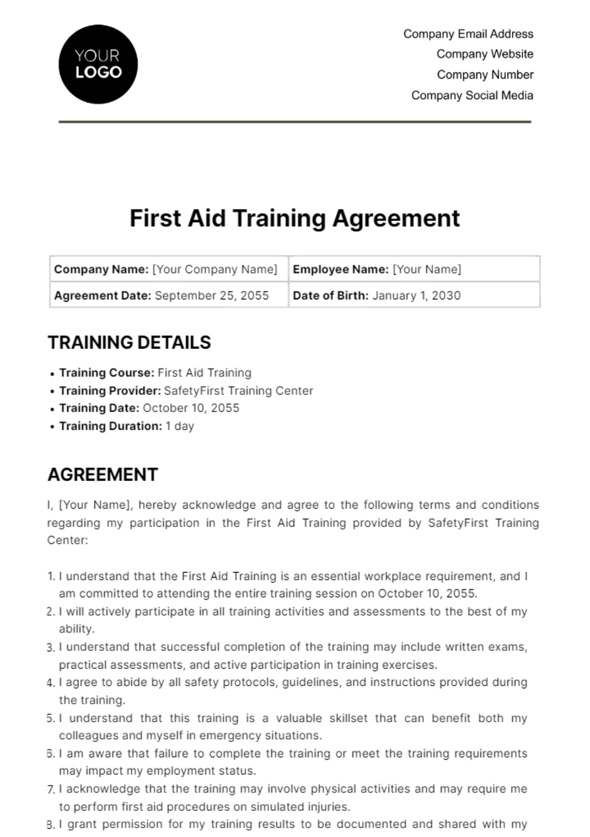 Free First Aid Training Agreement HR Template