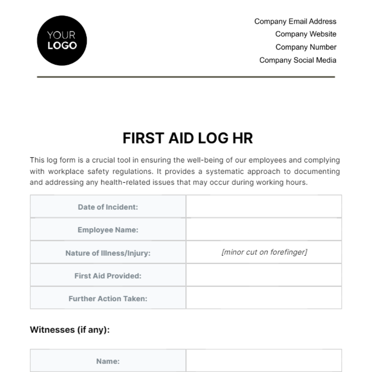 Free First Aid Log HR Template