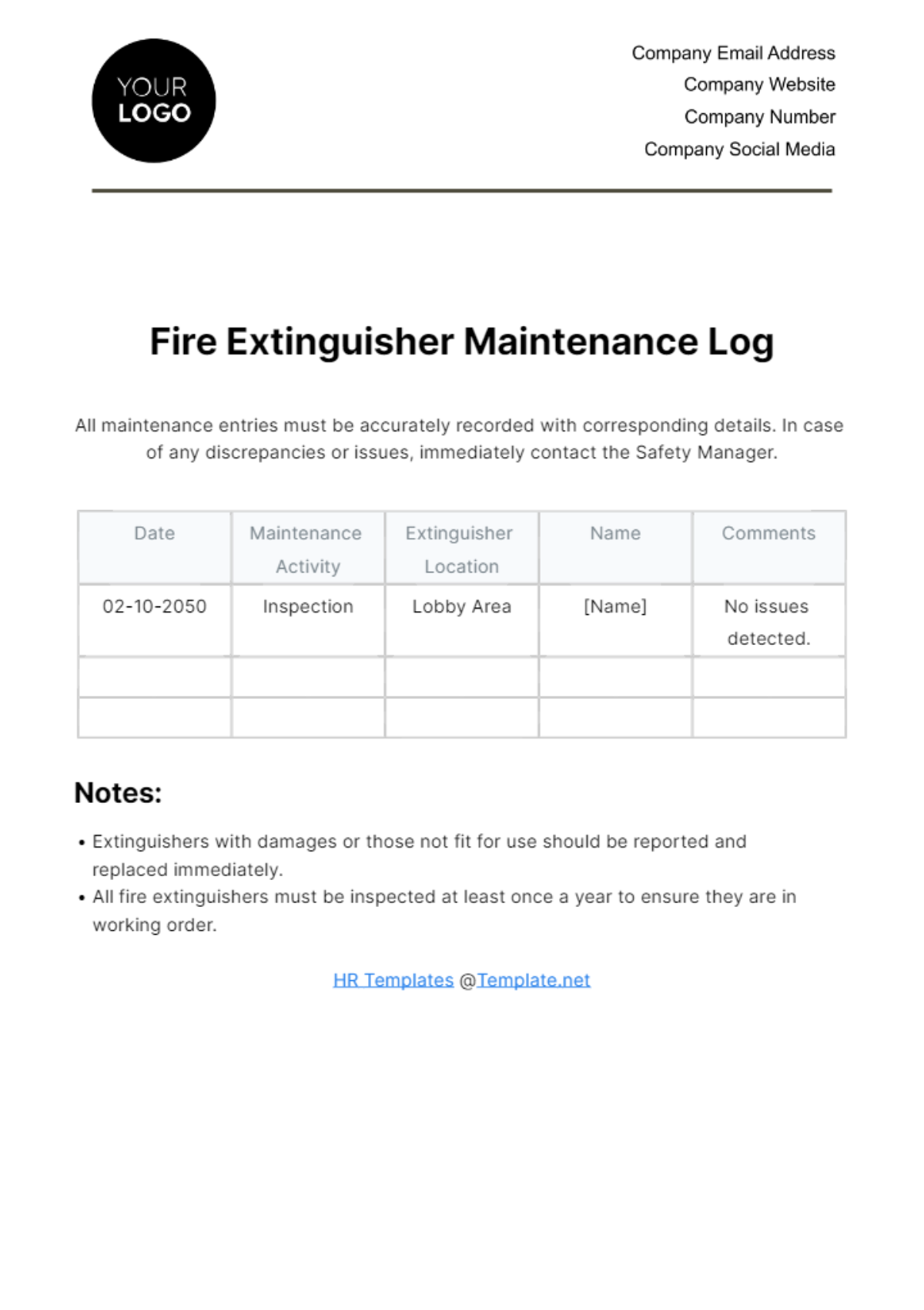 Free Fire Extinguisher Maintenance Log HR Template
