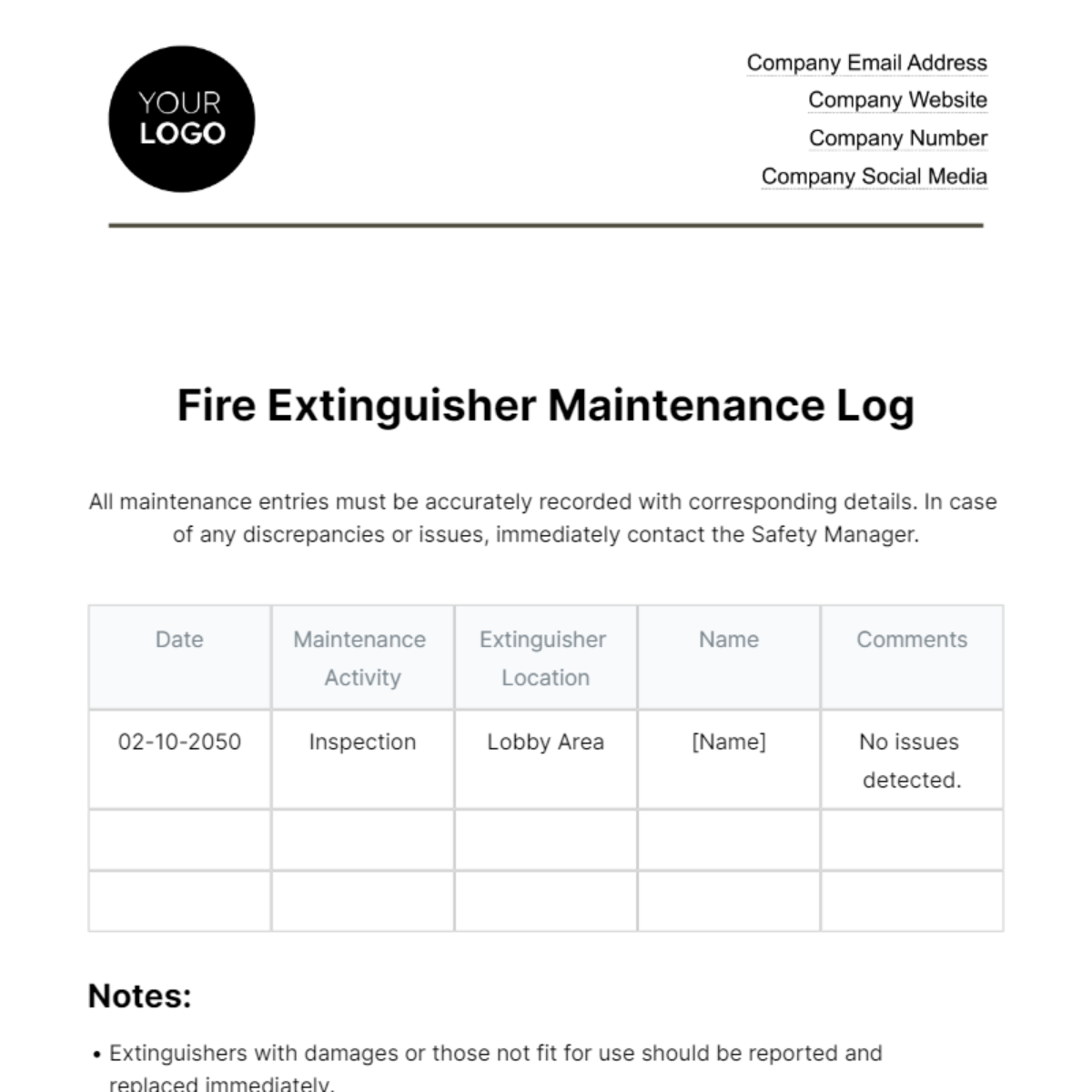 Fire Extinguisher Maintenance Log HR Template