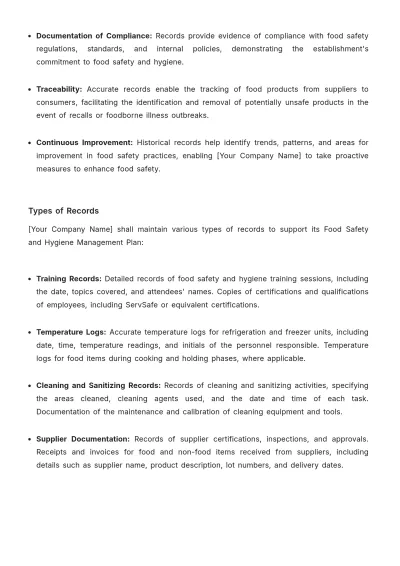 Free Food Safety and Hygiene Management Plan HR Template to Edit Online