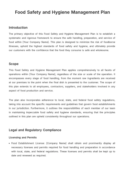 Free Food Safety and Hygiene Management Plan HR Template to Edit Online
