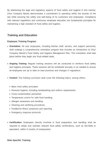 Free Food Safety and Hygiene Management Plan HR Template to Edit Online