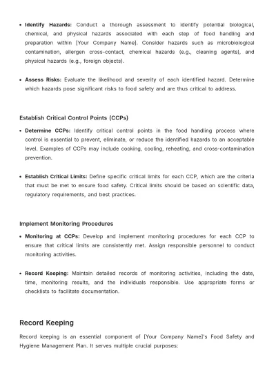 Free Food Safety and Hygiene Management Plan HR Template to Edit Online