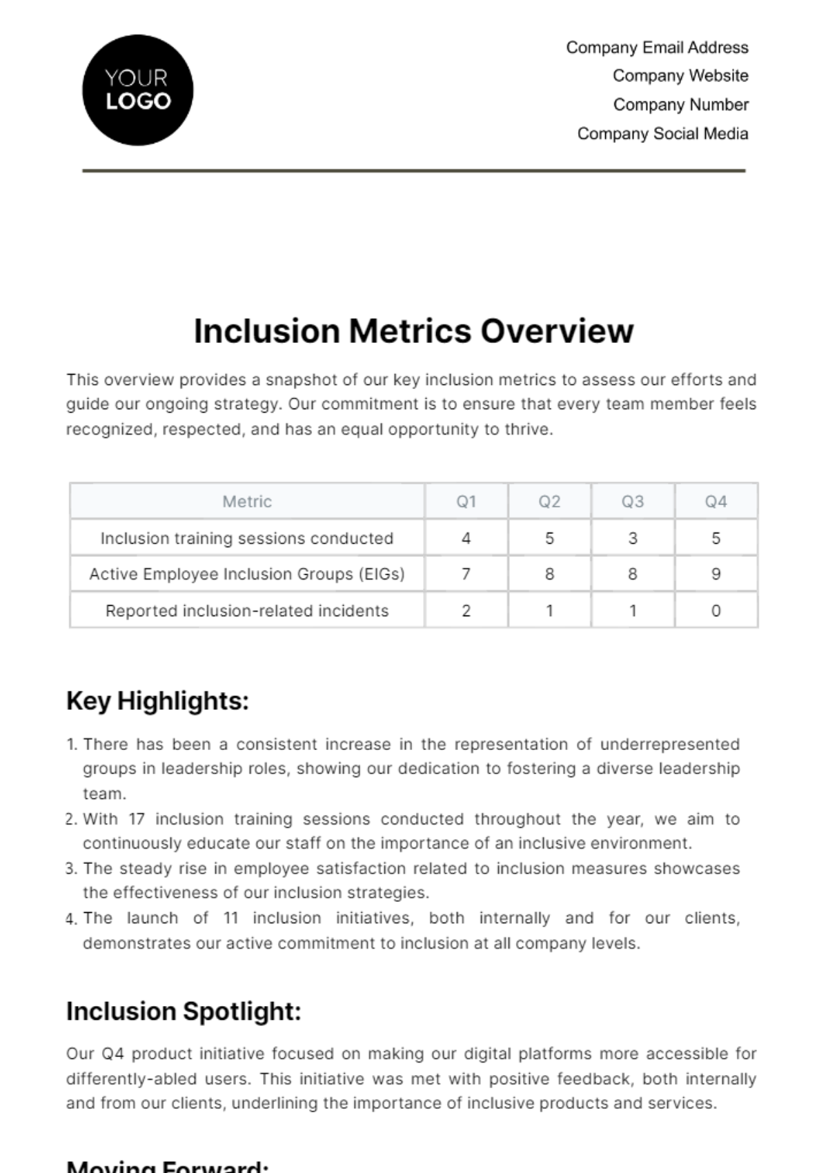 Free Inclusion Metrics Overview HR Template