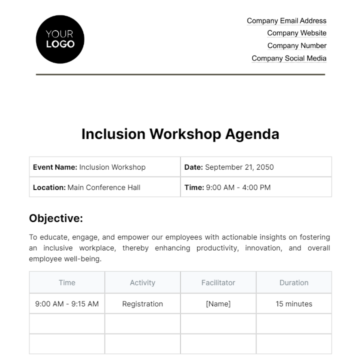 Free Inclusion Workshop Agenda HR Template