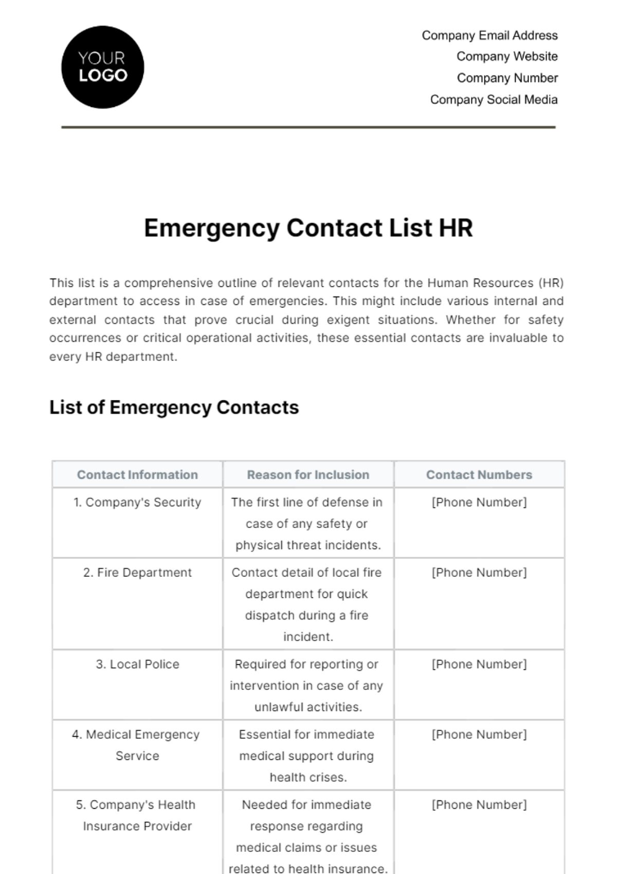 Free Emergency Contact List HR Template