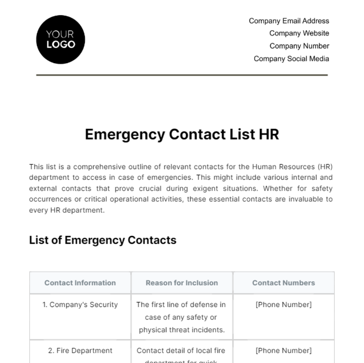 Emergency Contact List HR Template - Edit Online & Download