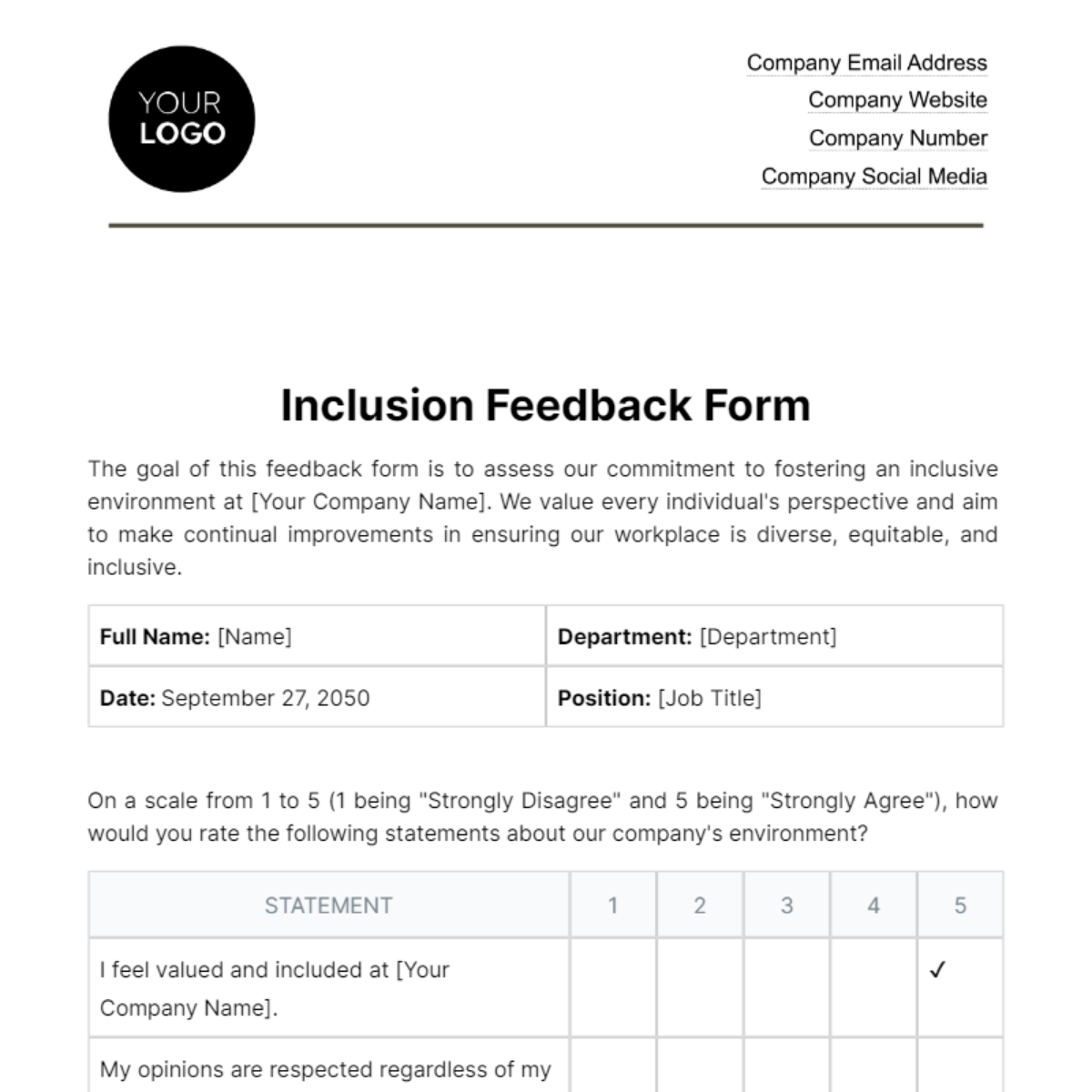 Free Inclusion Feedback Form HR Template