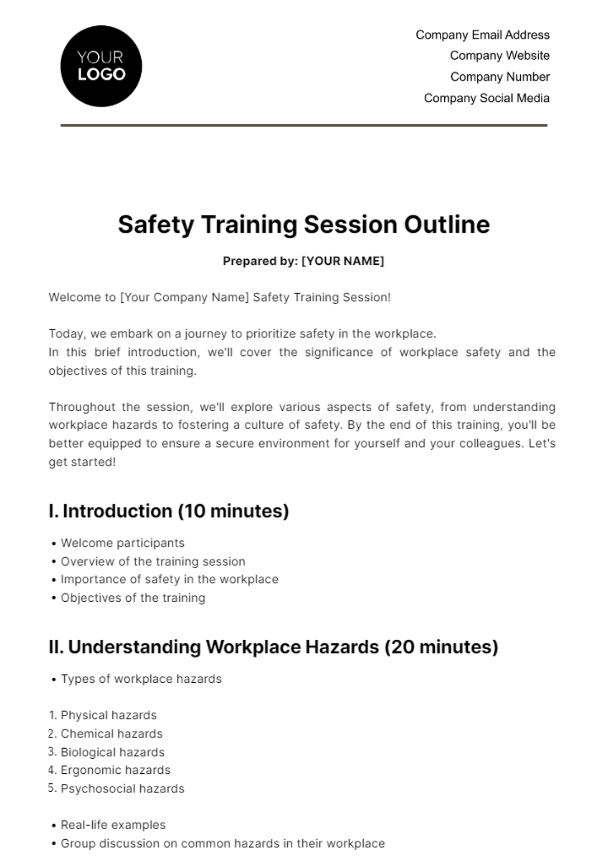 Free Safety Training Session Outline HR Template