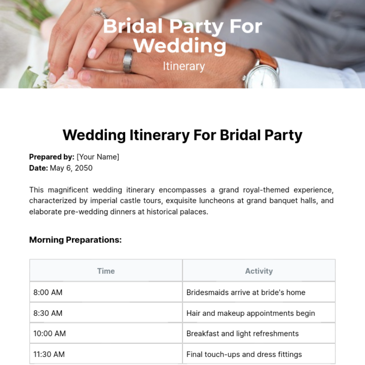 Wedding Itinerary For Bridal Party Template