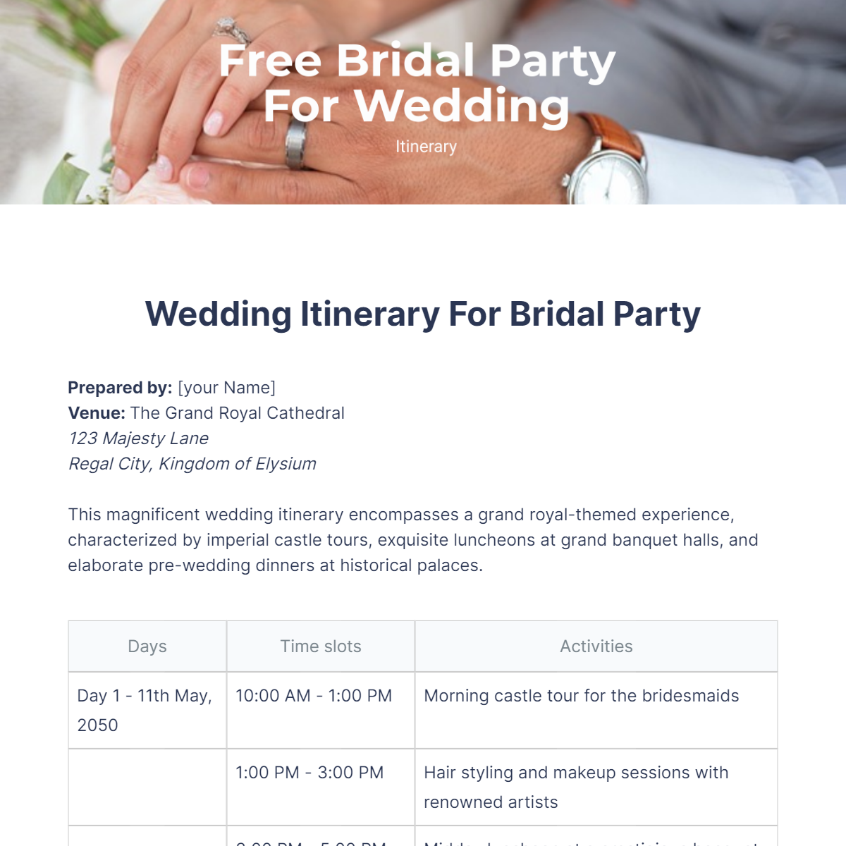 Wedding Itinerary For Bridal Party Template Edit Online & Download