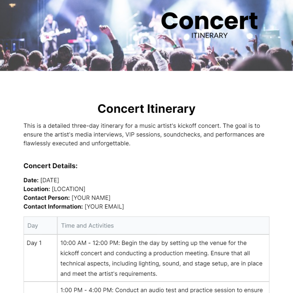 Concert Itinerary Template