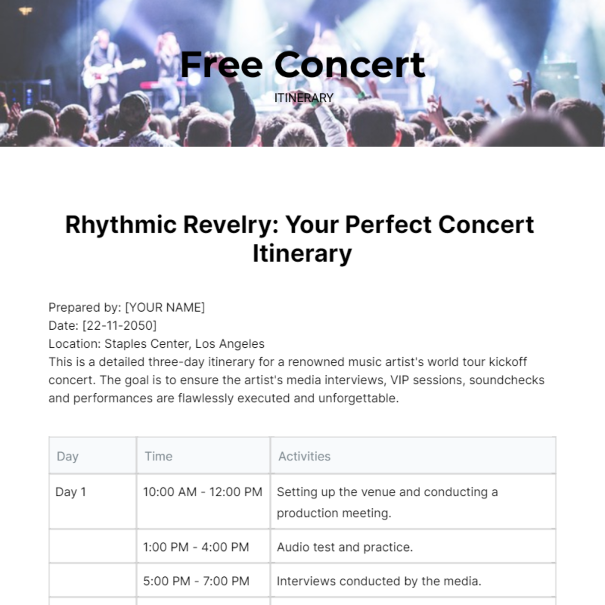 Concert Itinerary Template - Edit Online & Download Example