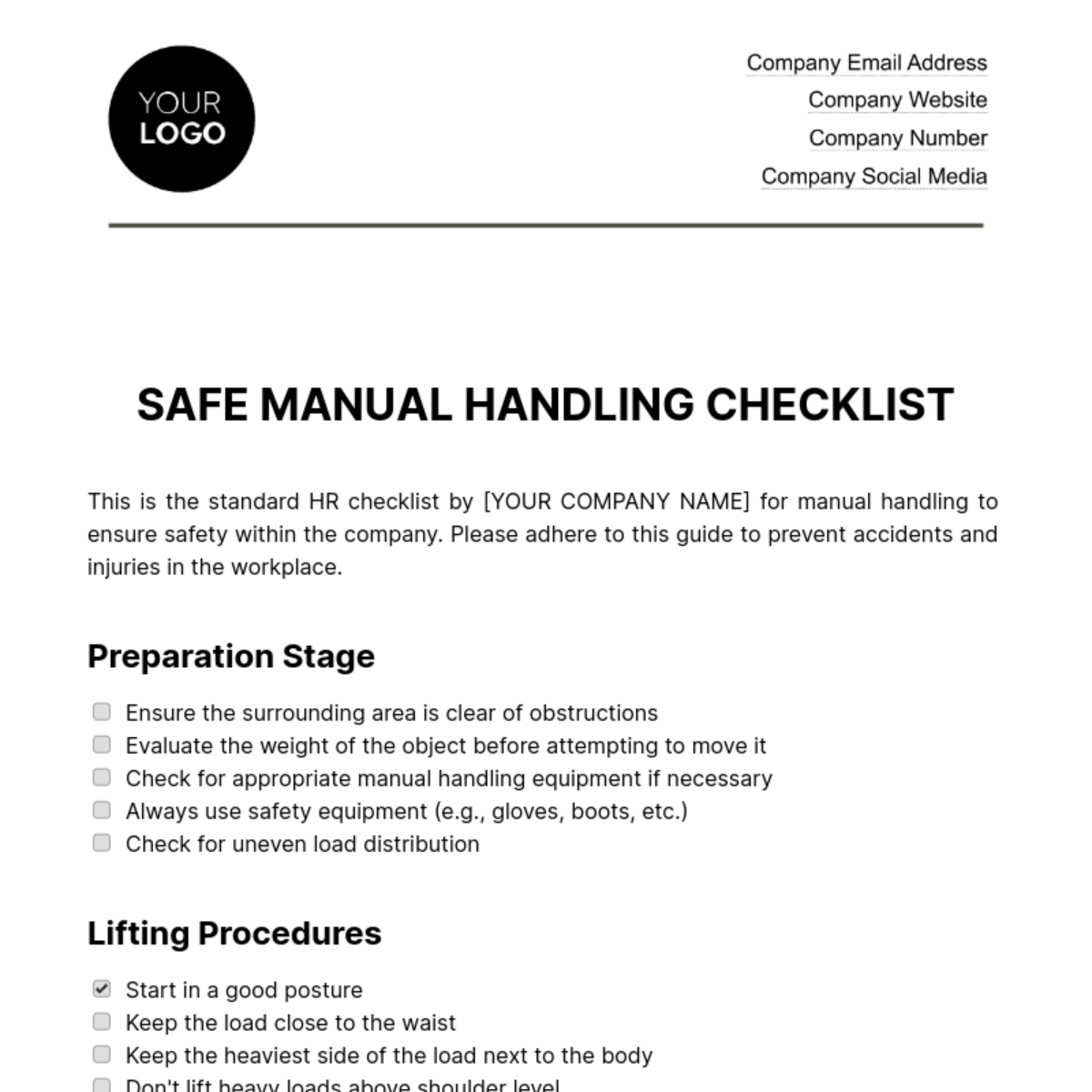 Safe Manual Handling Checklist HR Template