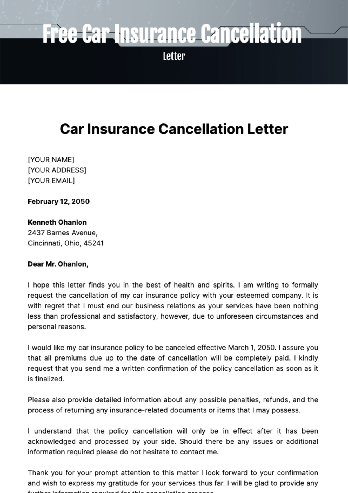 Free Car Insurance Cancellation Letter Template
