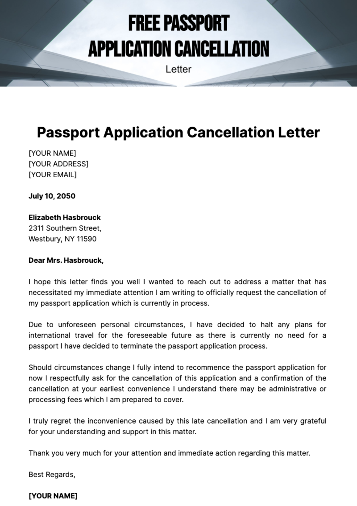 Free Passport Application Cancellation Letter Template