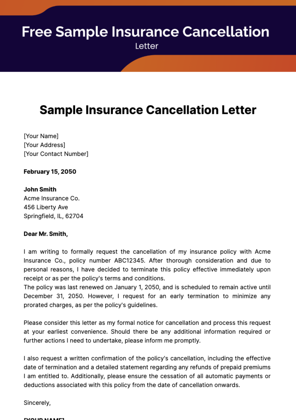 Free Sample Insurance Cancellation Letter Template