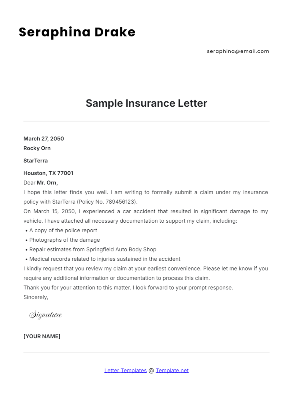 Sample Insurance Letter Template