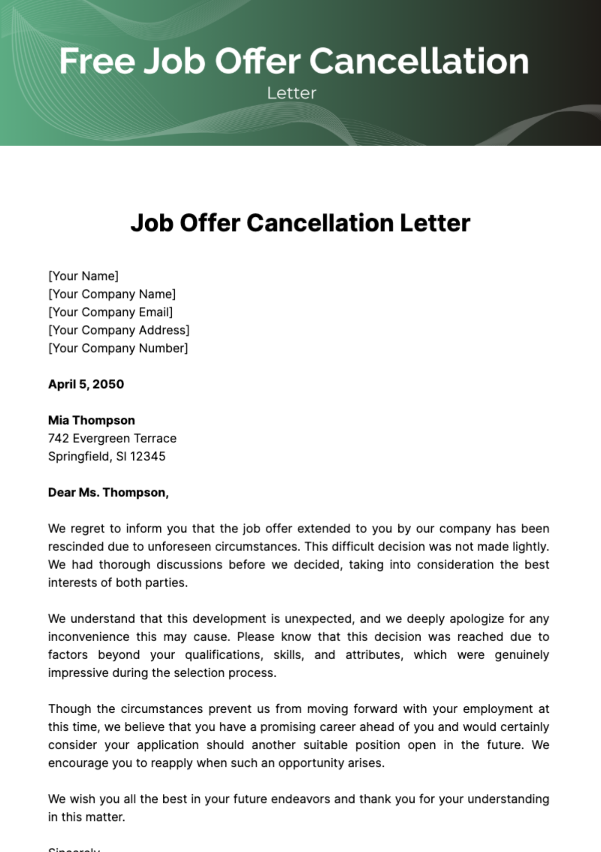 Free Job Offer Cancellation Letter Template