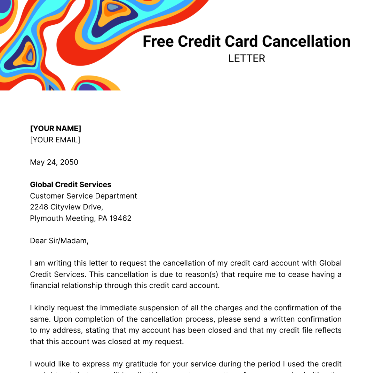 Credit Card Cancellation Letter Template