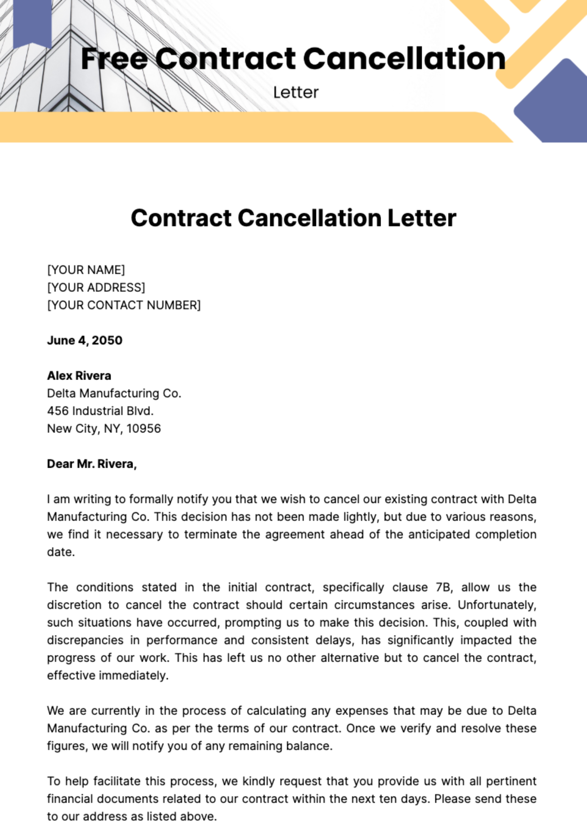 Free Contract Cancellation Letter Template