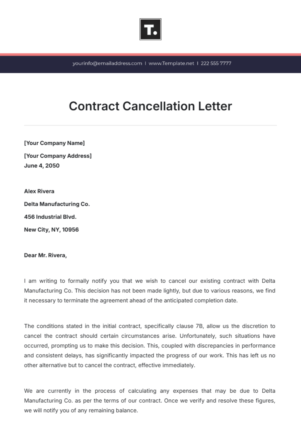 Contract Cancellation Letter Template - Edit Online & Download