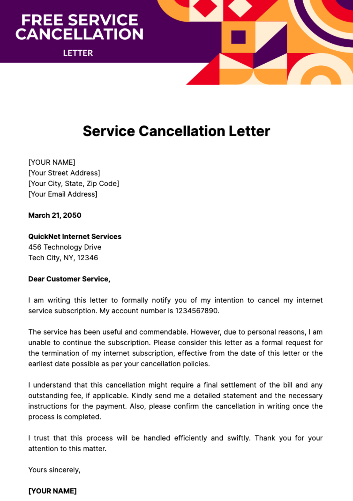 Free Service Cancellation Letter Template