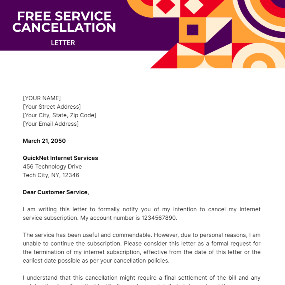Service Cancellation Letter Template