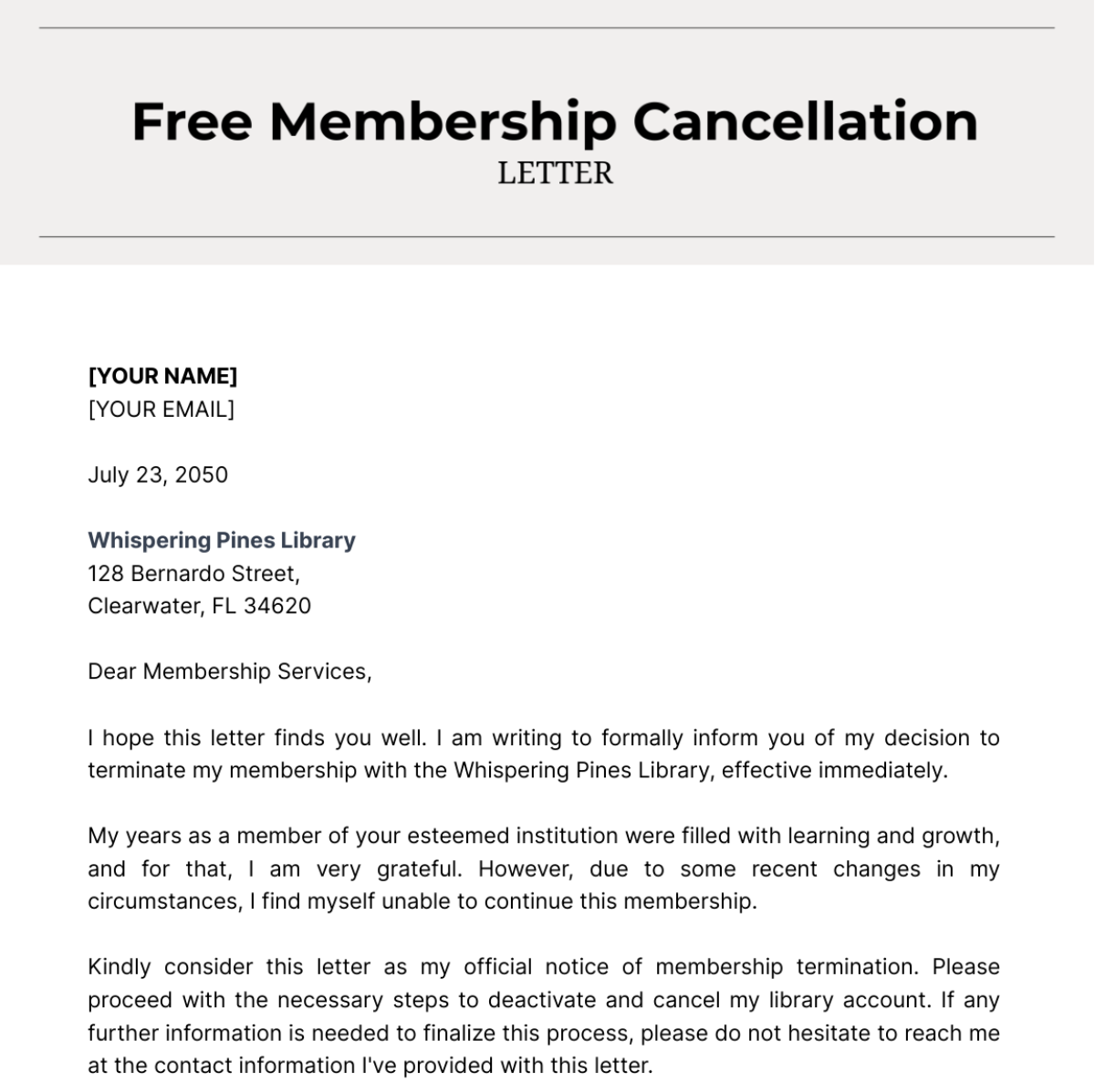 Membership Cancellation Letter Template