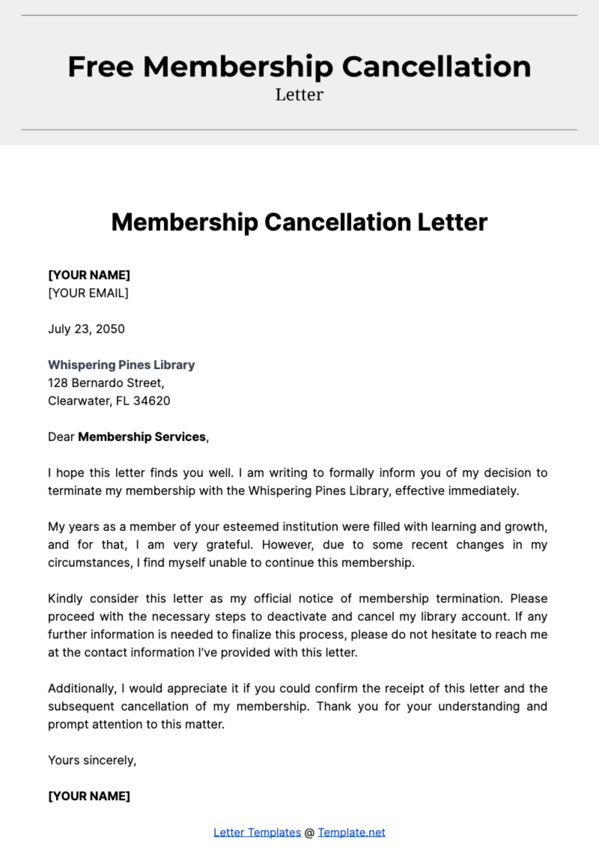 Free Membership Cancellation Letter Template