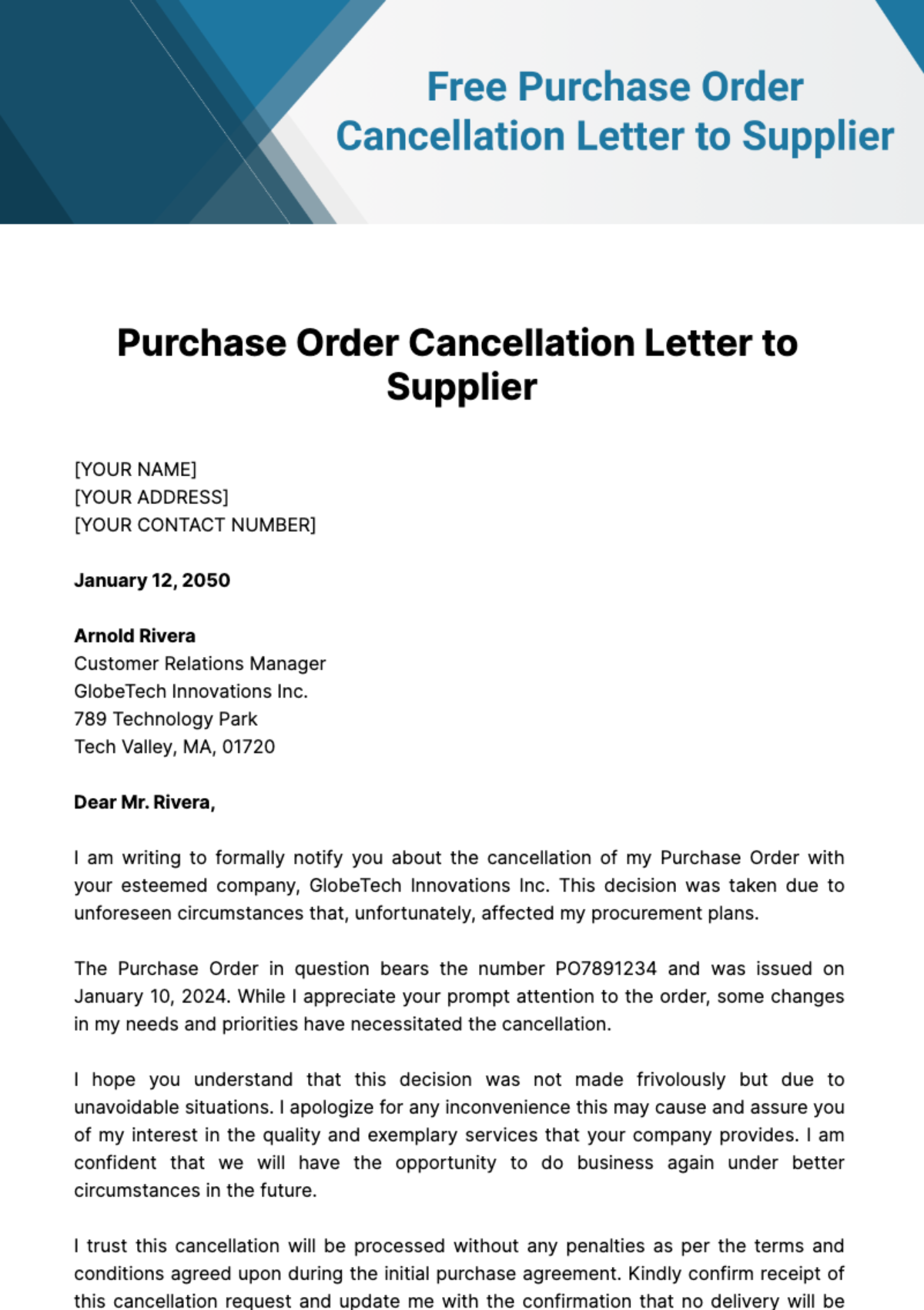 Free Purchase Order Cancellation Letter To Supplier Template To Edit Online