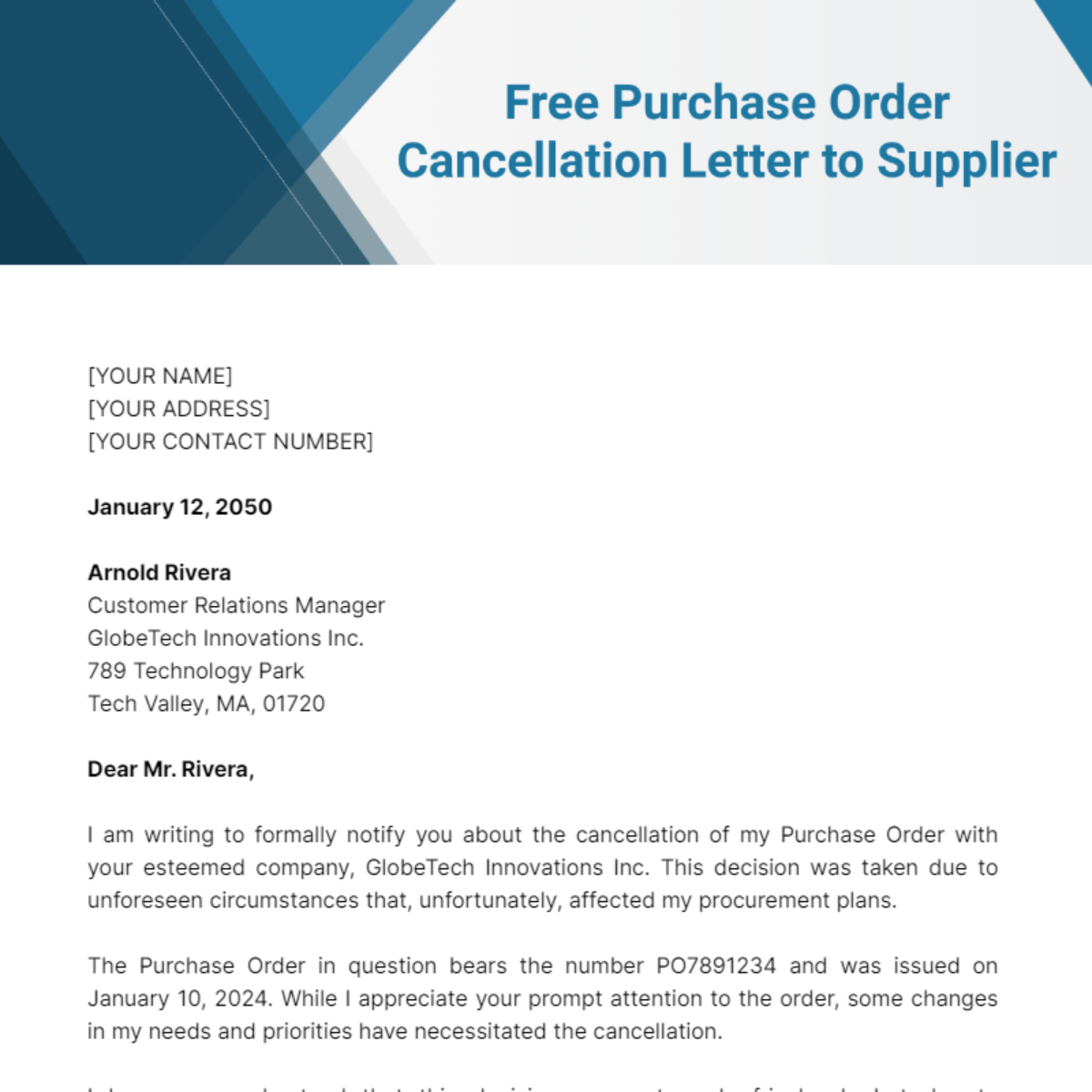 Purchase Order Cancellation Letter to Supplier Template